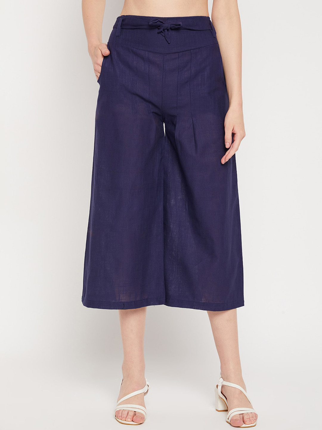 Clora Creation Women Navy Blue Smart Easy Wash Pleated Cotton Culottes Trousers