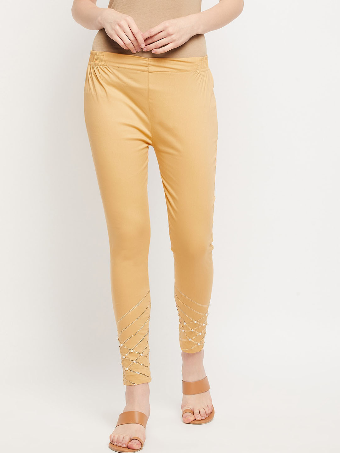 Clora Creation Women Beige Gotta Patti Smart Straight Fit Treggings