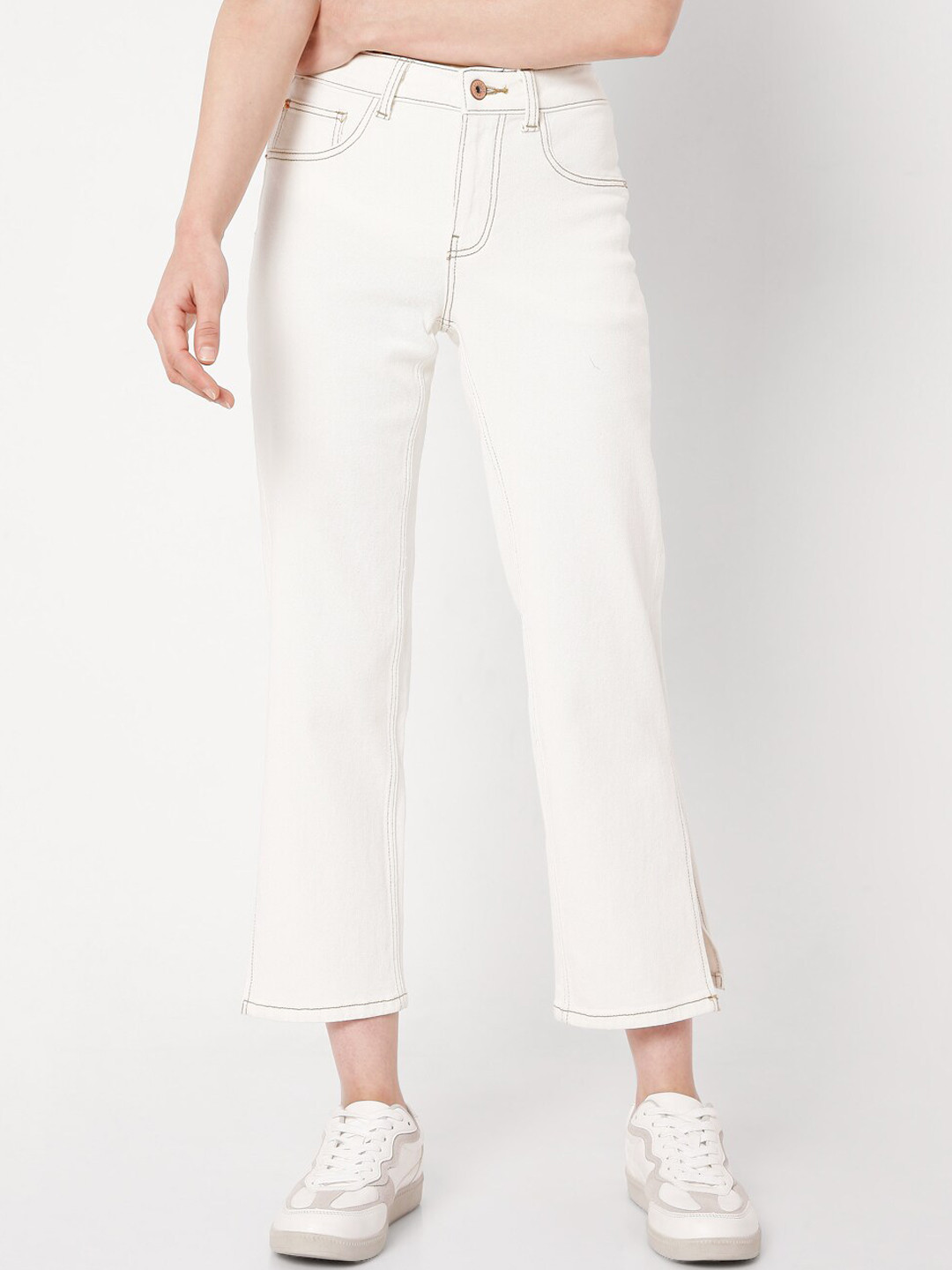 Vero Moda Women Off White Straight Fit Slash Knee Jeans