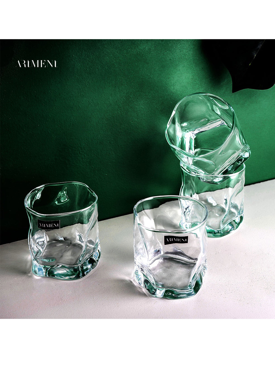 THE ARTMENT Set Of 4 Transparent Modern Art Double Bottomed Wave Whiskey Glass