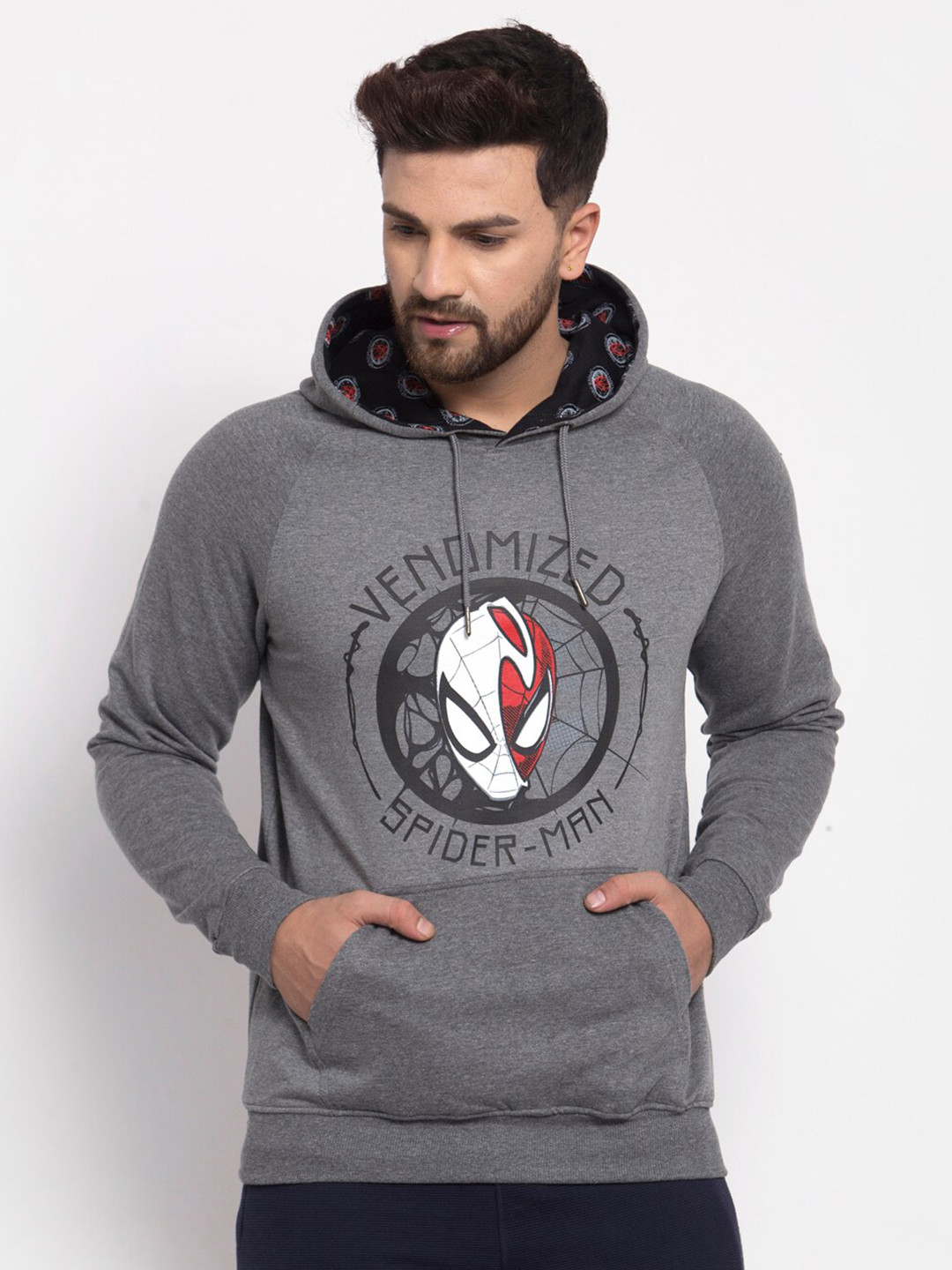 SPORTO Men Grey Melange Printed Hooded Sweatshirt