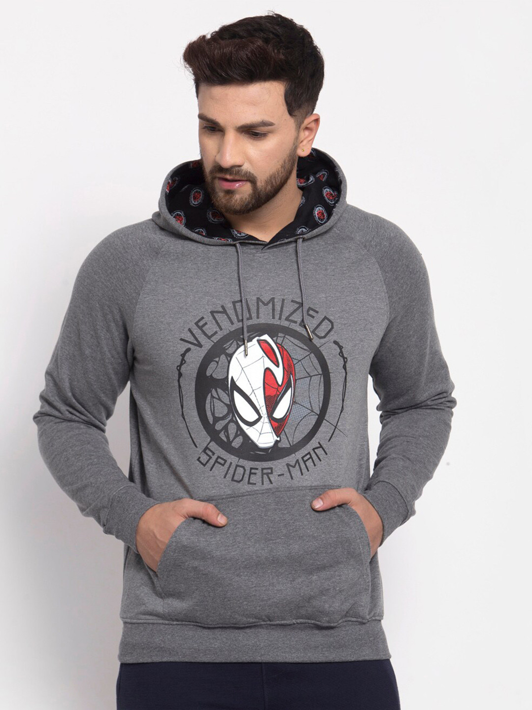SPORTO Men Grey Melange Spider Man Printed Hooded Sweatshirt