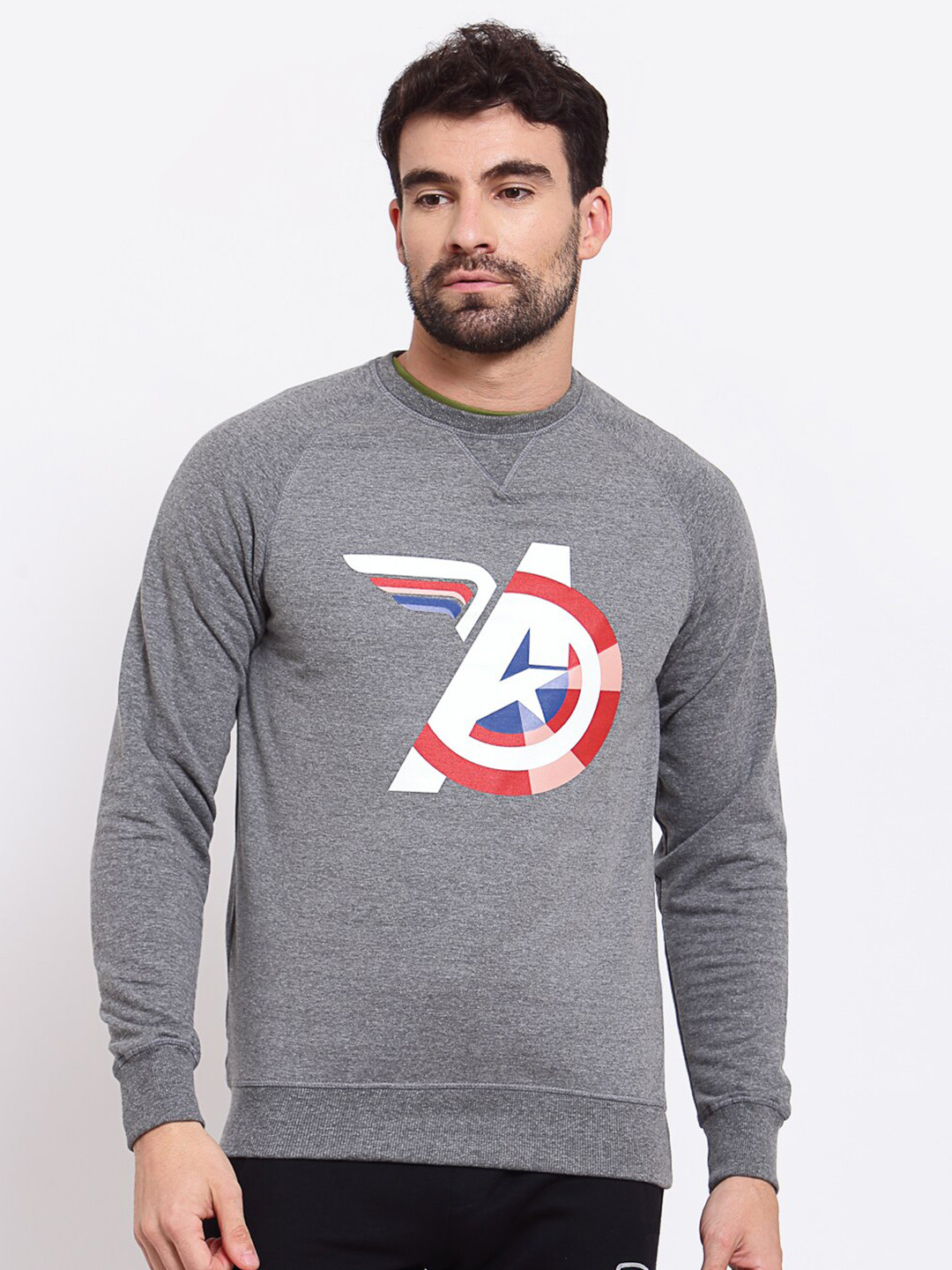SPORTO Men Grey Melange Captain America Avengers Printed Cotton Sweatshirt