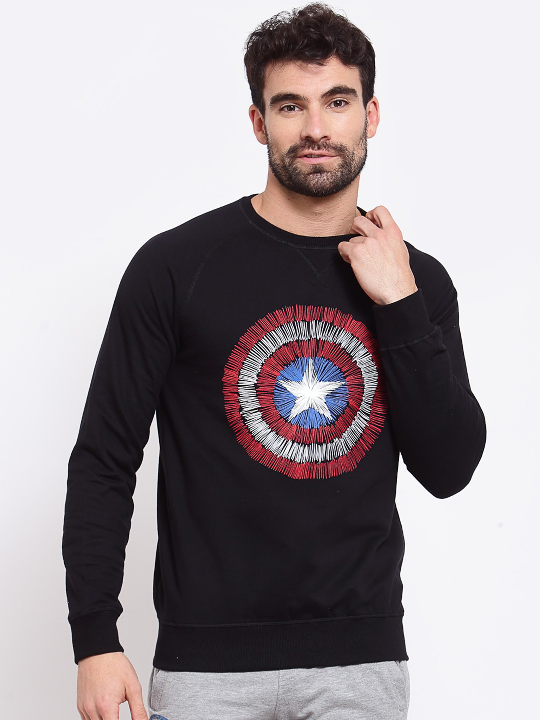 SPORTO Men Black Captain America Printed Cotton Sweatshirt