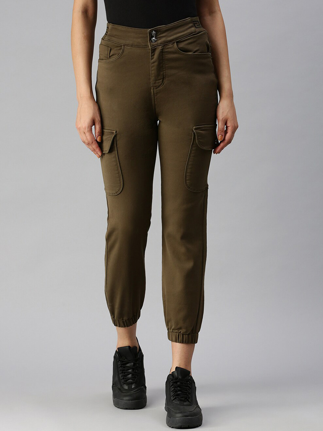 SHOWOFF Women Brown High-Rise Mildly Distressed Stretchable Jogger Jeans