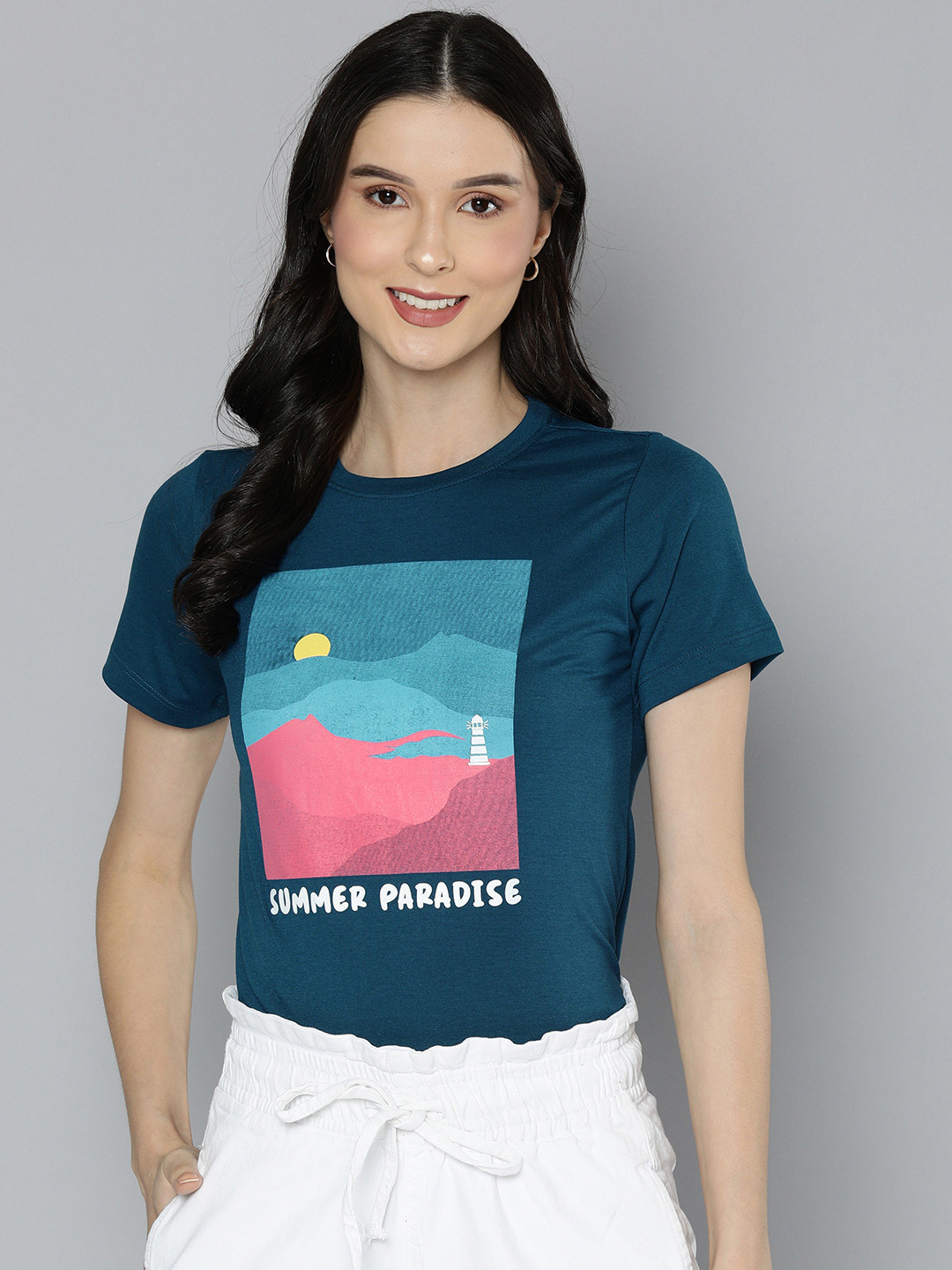 Mast & Harbour Women Teal Blue Graphic Print Round Neck Regular Sleeves T-shirt