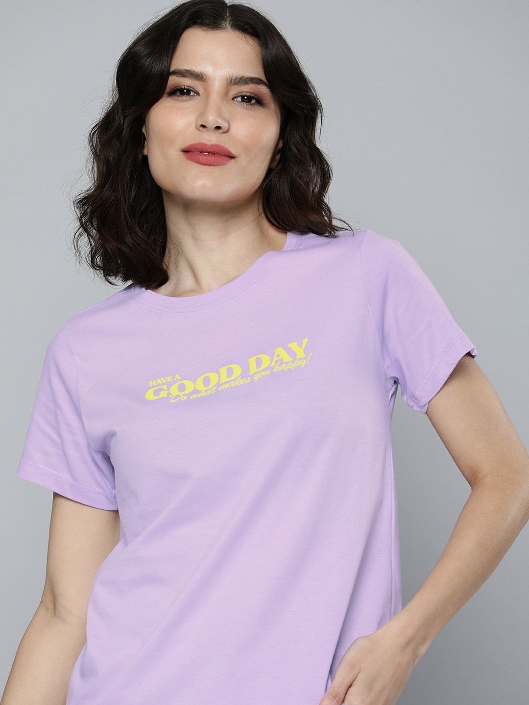 M&H Easy Women Violet Typography Printed Pure Cotton T-shirt