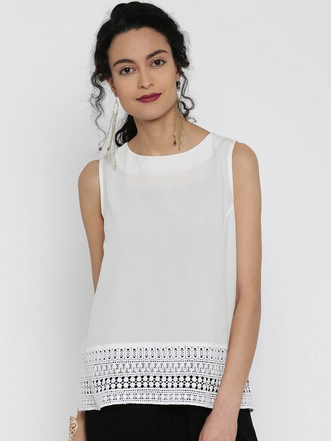 Miss Chase Women White Semi-Sheer Lace Top