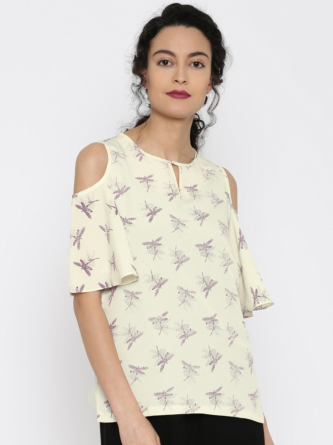 Miss Chase Women Cream & Purple Printed Cold-Shoulder Top