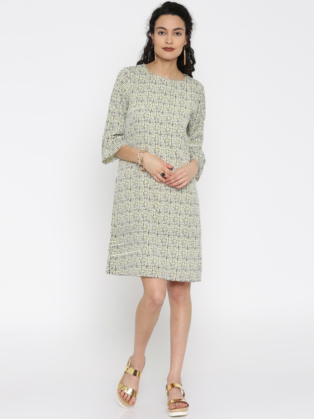 Miss Chase Women Off-White & Yellow Printed Knee Length Shift Dress