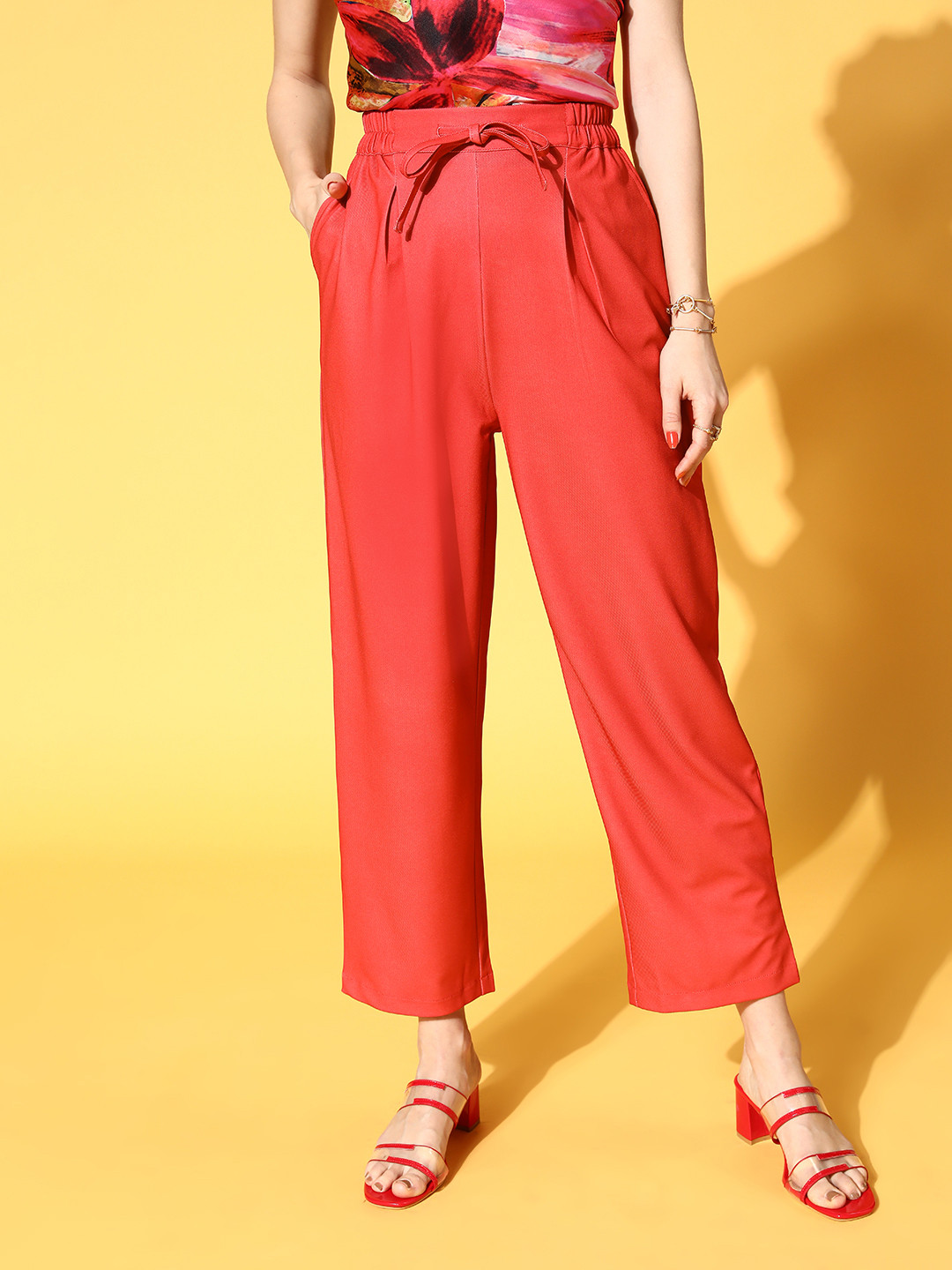 Athena Women Beautiful Red Solid Vacay Attire Trousers