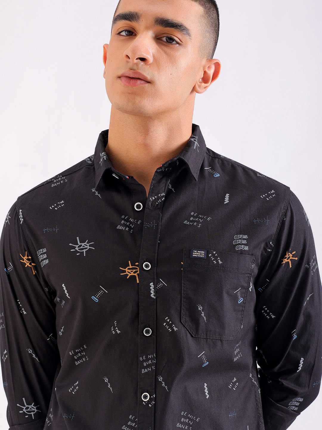 The Indian Garage Co Men Black Classic Graphic Printed Casual Shirt