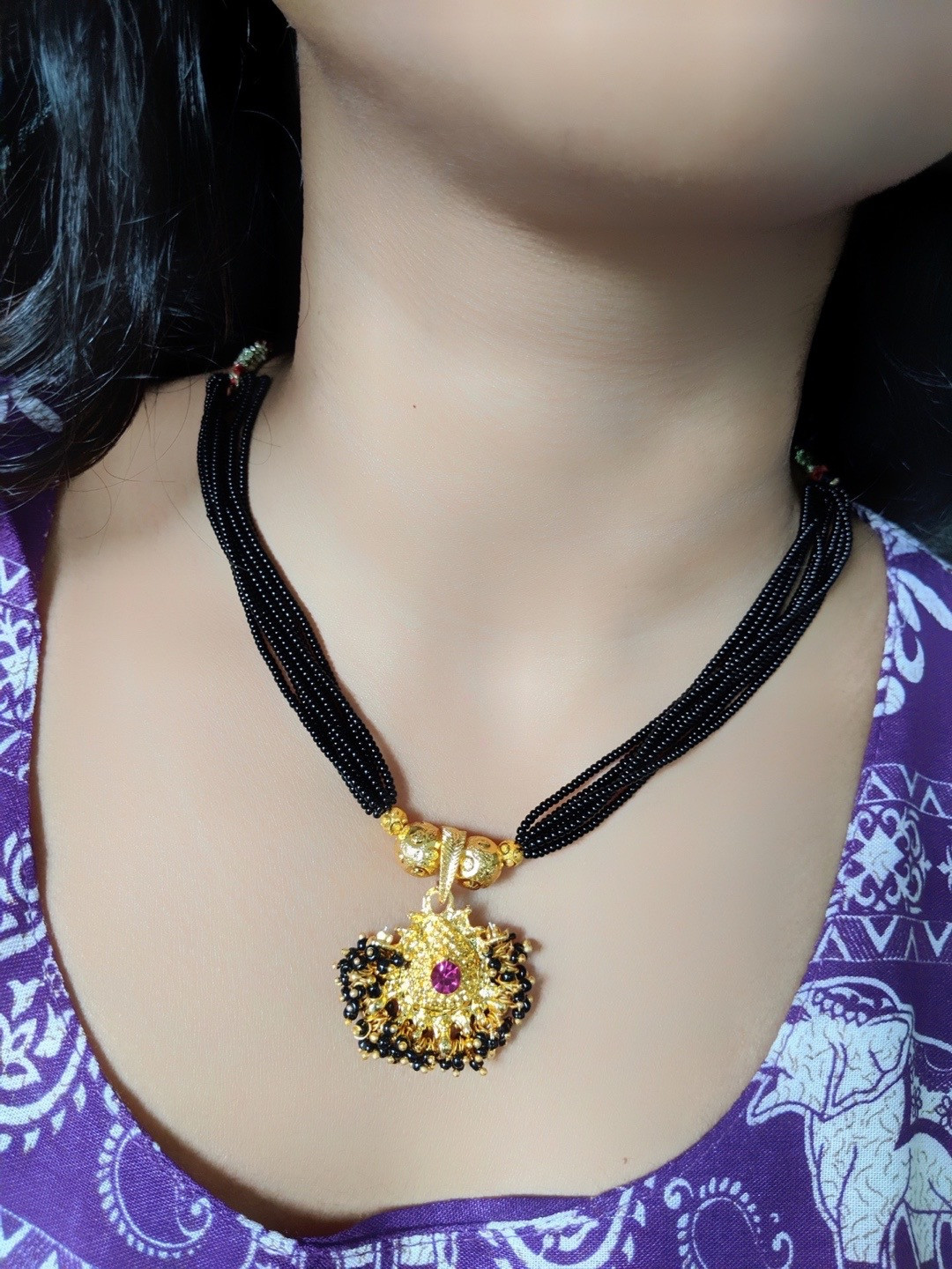 Digital Dress Room Gold-Plated Black Beaded Marathi Short Mangalsutra