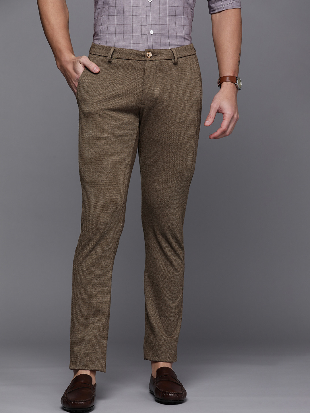 Allen Solly Men Brown Self Design Slim Fit Mid-Rise Regular Smart Casual Trousers