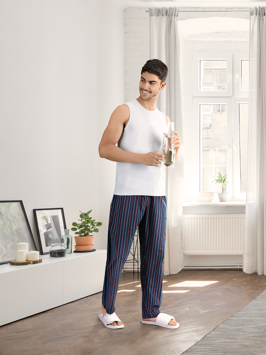 U.S. Polo Assn. Men Navy Blue & Red Striped Pure Cotton Lounge Pants