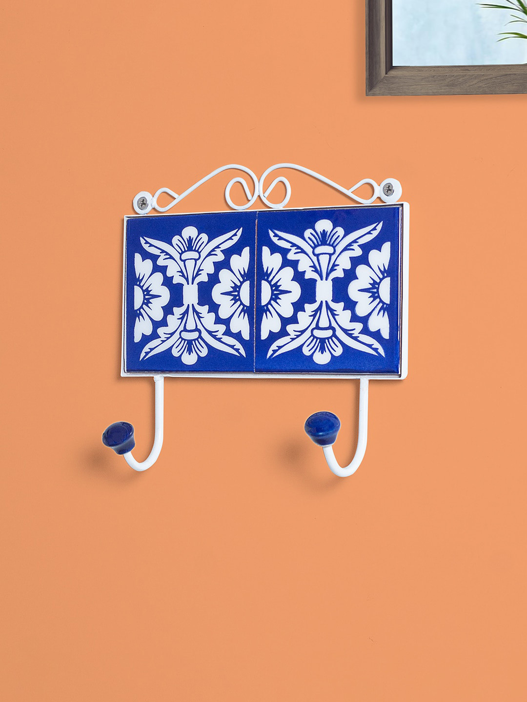 Golden Peacock 2 Hooks Blue Floral Handcrafted Wall Hanger