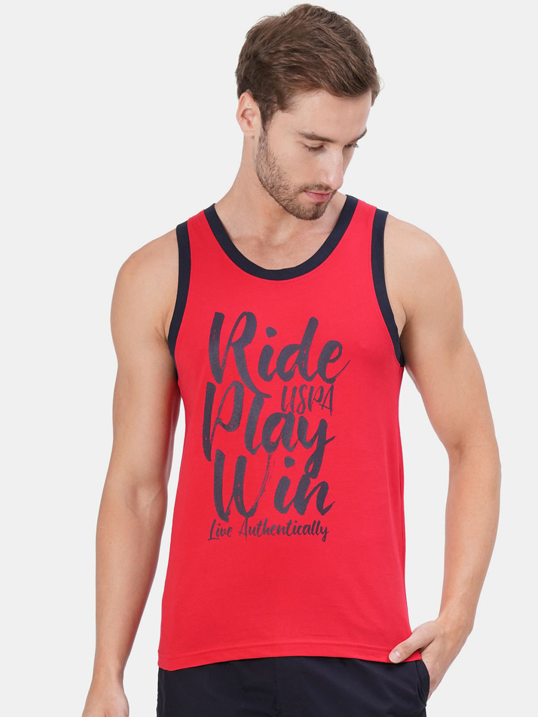 U.S. Polo Assn. Men Red & Navy Blue Printed Pure Cotton Basic Innerwear Vests
