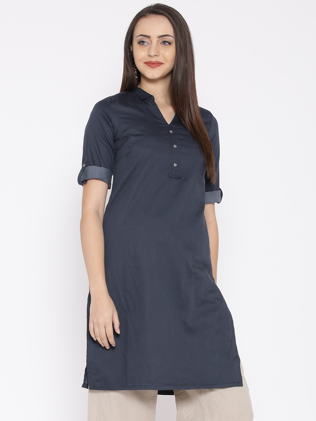 AURELIA Women Navy Blue Solid Straight Kurta
