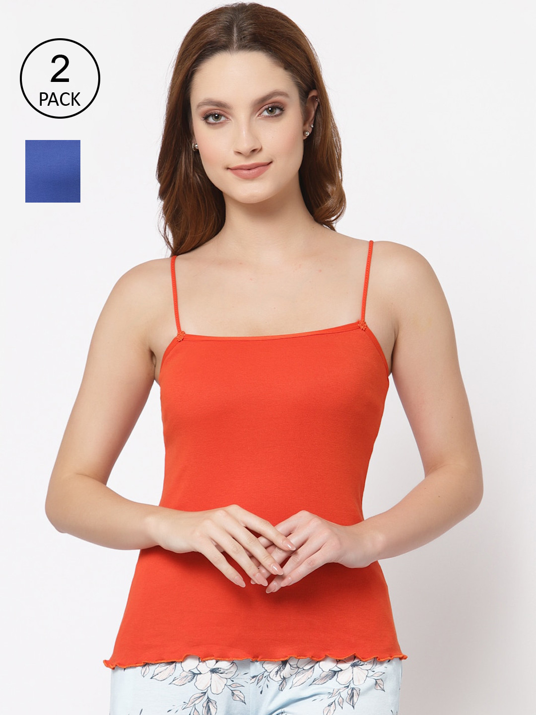 Floret Women Pack Of 2 Orange & Blue Solid Cotton Camisoles