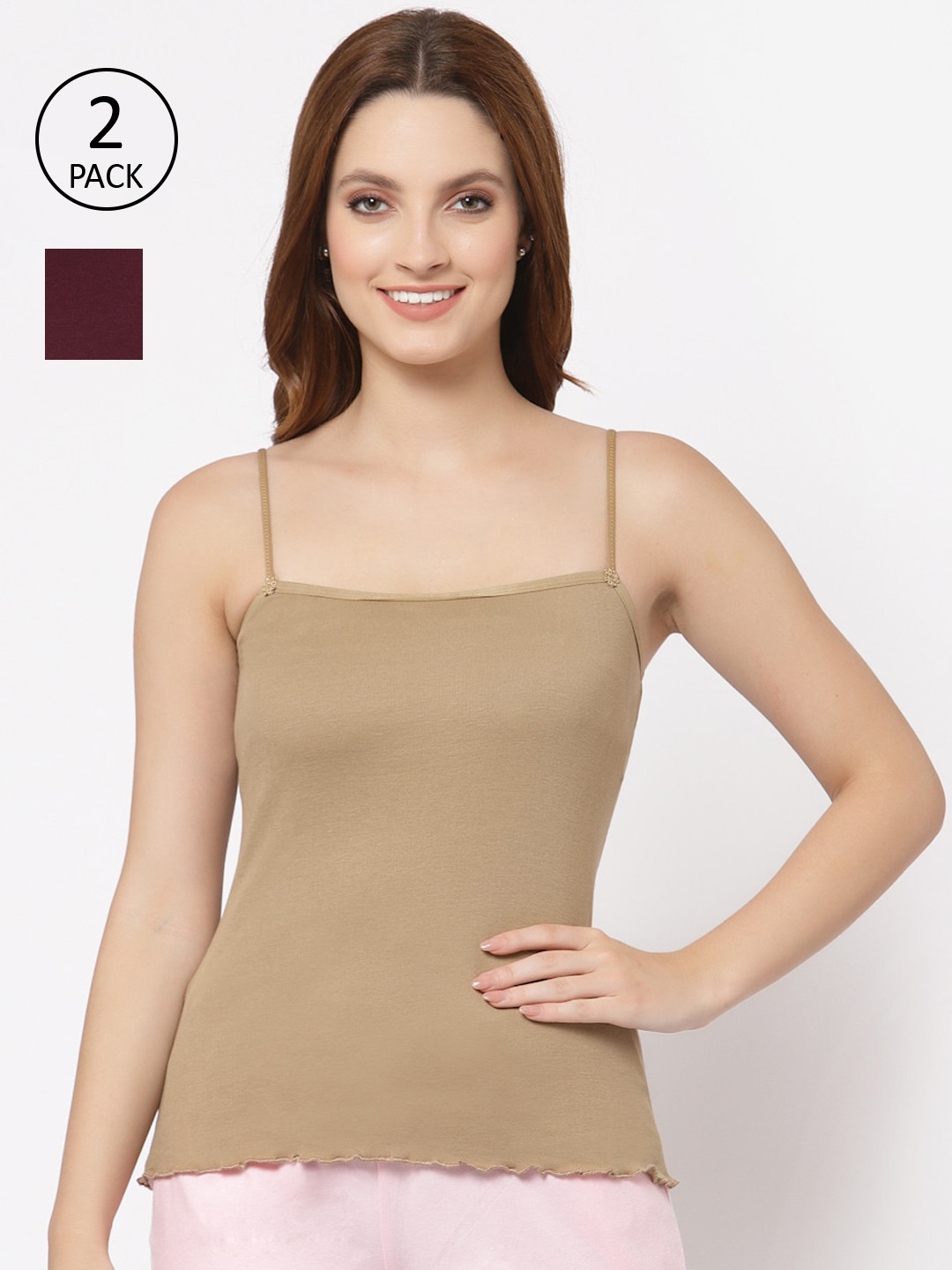 Floret Women Nude & Burgundy Set Of 2 Camisoles
