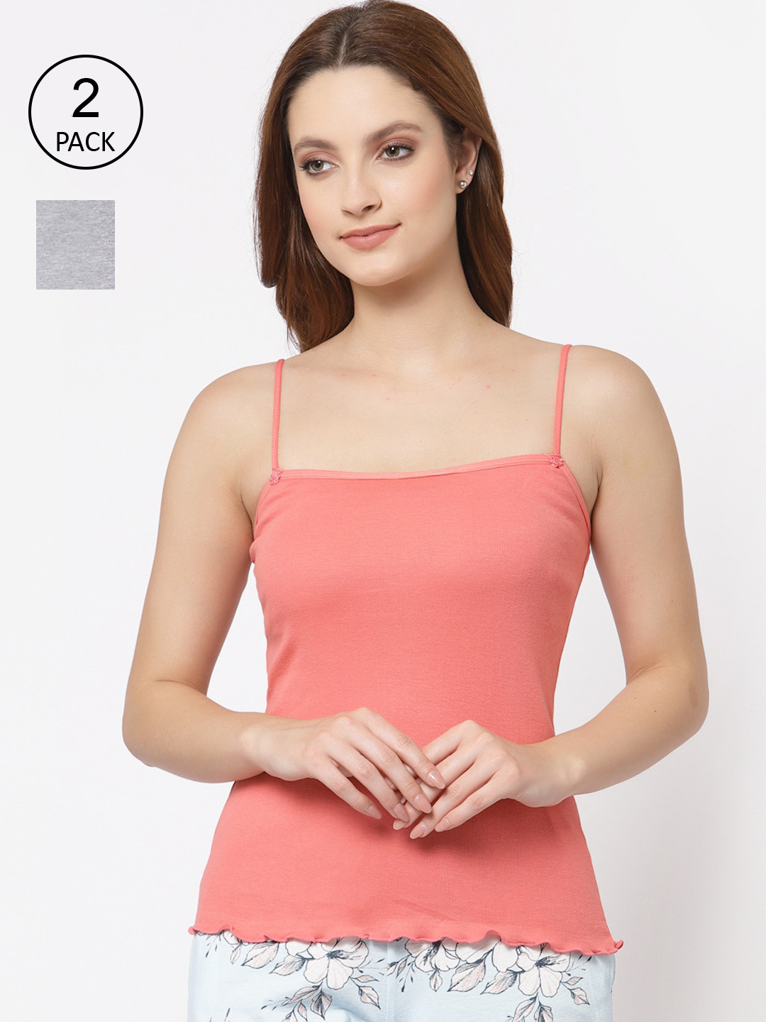 Floret Women Rose Pink & Grey Pack of 2 Solid Cotton Camisoles