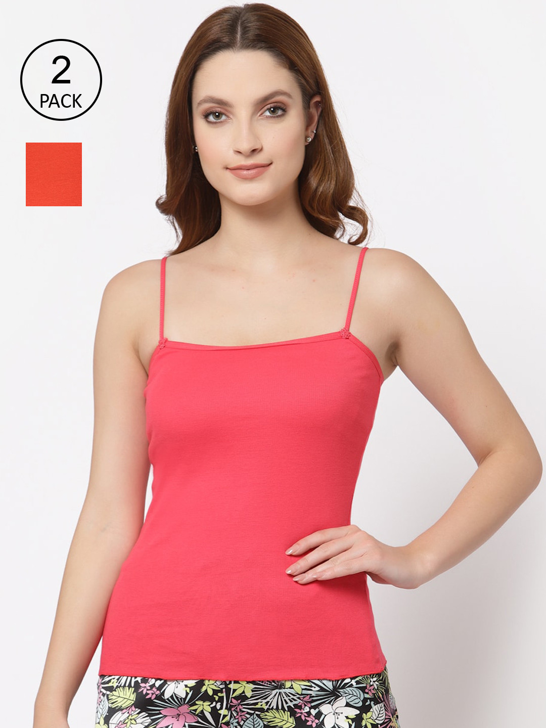 Floret Women Orange & Rose Pink Pack of 2 Solid Cotton Camisoles