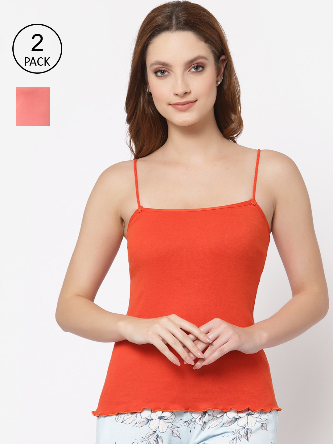 Floret Women Pack of 2 Orange & Rose Pink Solid Camisoles
