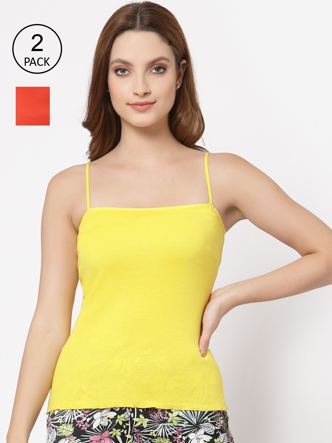 Floret Women Set Of 2 Yellow & Orange Cotton Solid Camisoles