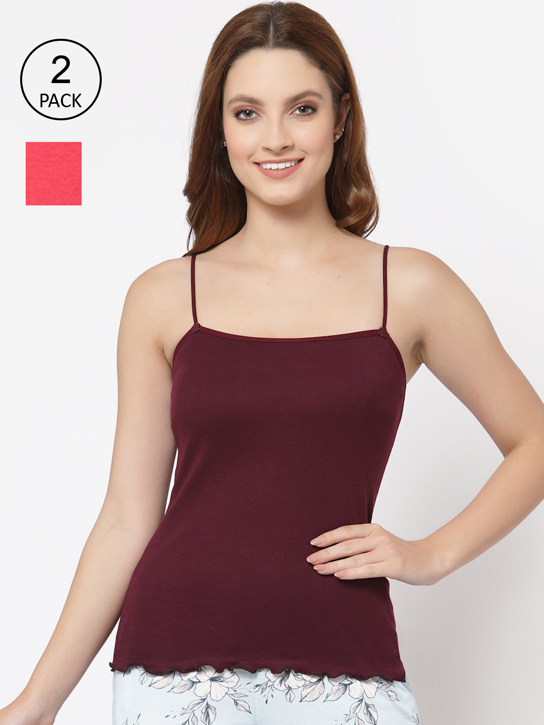 Floret Women Set Of 2 Burgundy & Red Solid Cotton Camisoles
