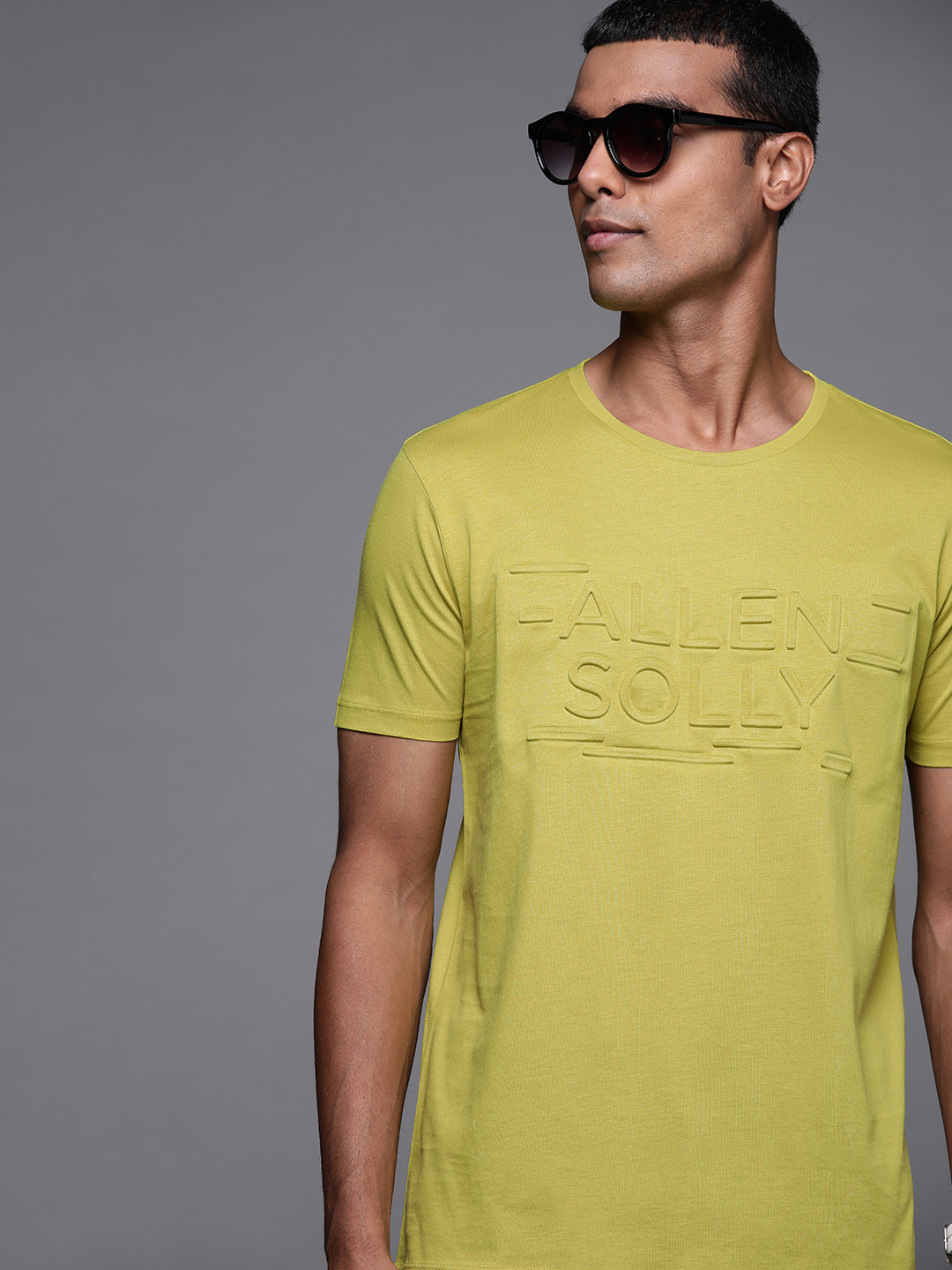 Allen Solly Men Lime Green Pure Cotton Brand Logo Embossed Printed T-shirt