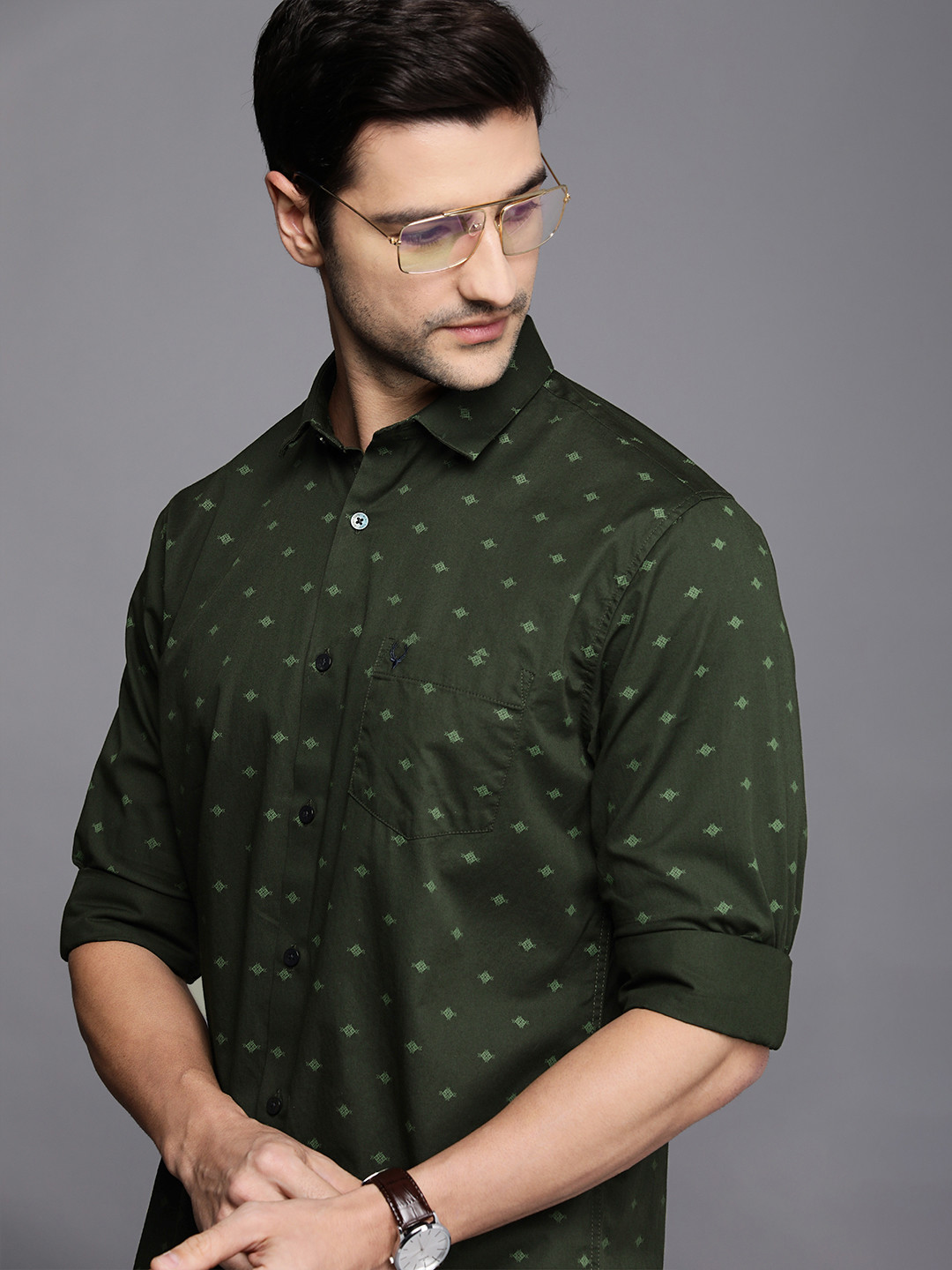 Allen Solly Men Green & White Sport Fit Printed Casual Shirt