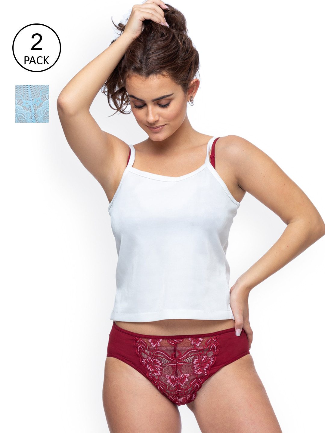 CURWISH Women Blue & Maroon Pack of 2 Self Design Lace Bikini Briefs P2L-01