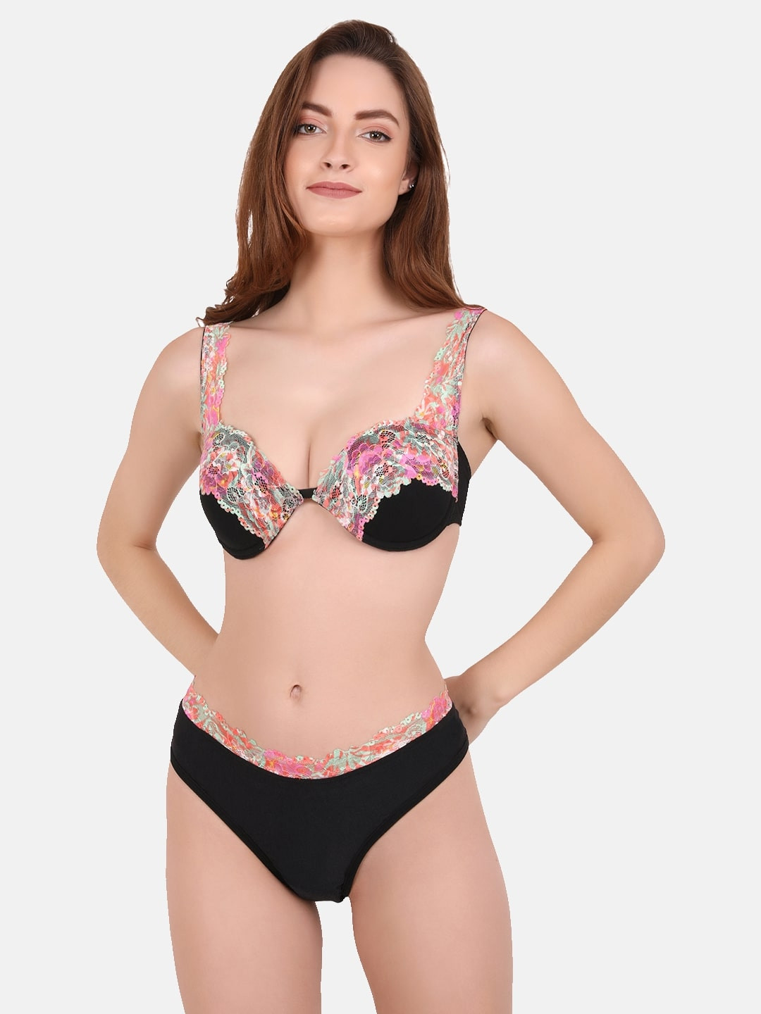 CURWISH Women Multicoloured Printed Push-Up Bra Underwired Heavily Padded Lingerie Set