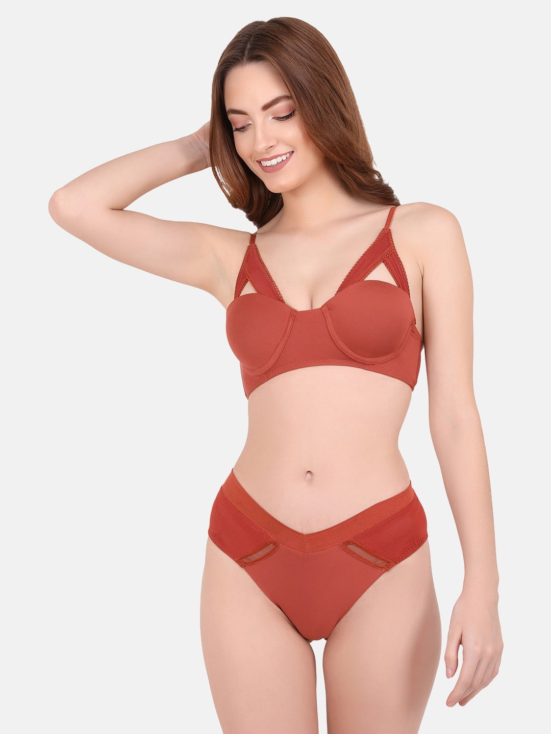 CURWISH Women Rust Self Design Bikini Lingerie Set SEH-01R