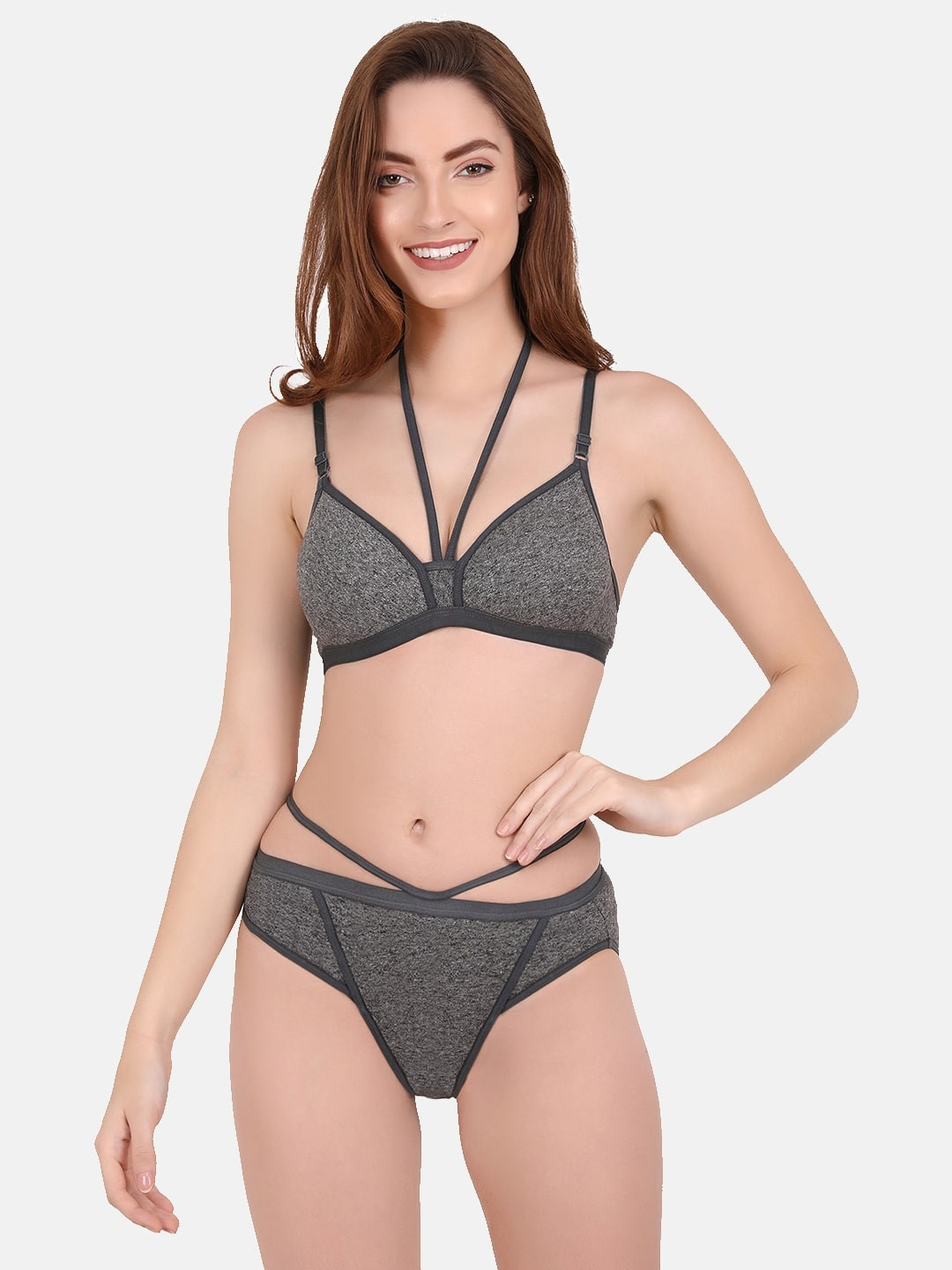 CURWISH Women Grey Melange Self Design Lingerie Set SBB-01GM