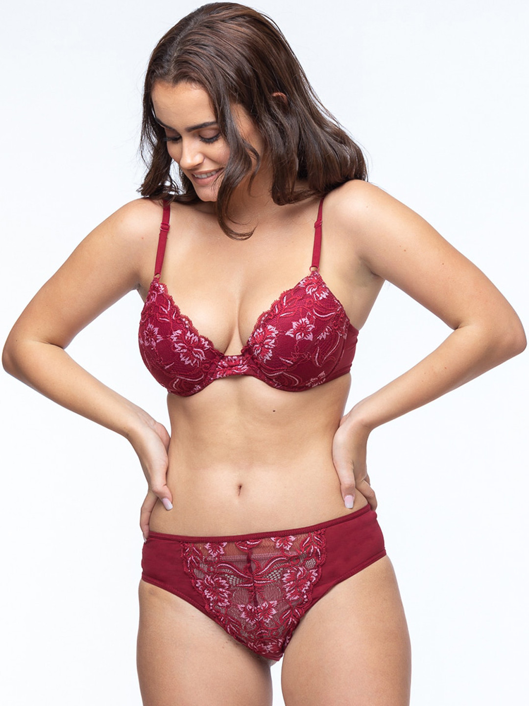CURWISH Women Burgundy Self Design Lingerie Set SLW-01W