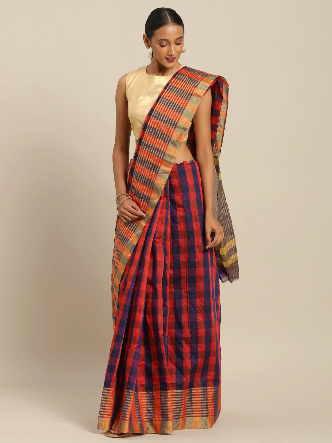 Florence Red & Navy Blue Checked Zari Art Silk Saree