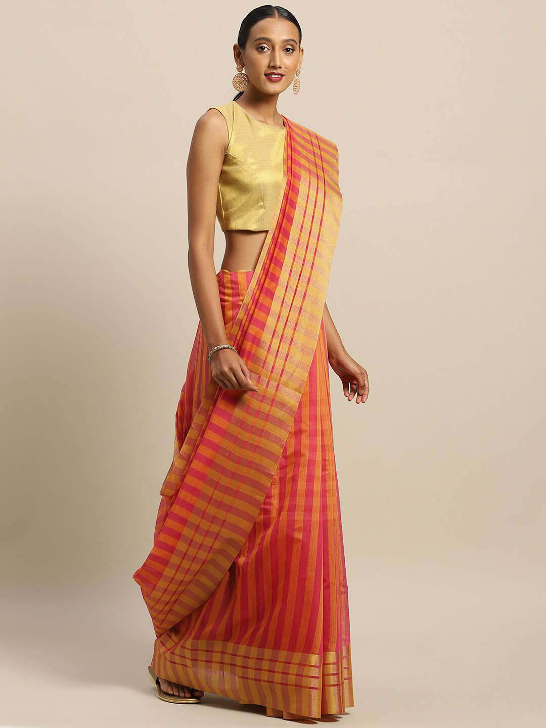 Florence Orange & Gold-Toned Checked Art Silk Saree