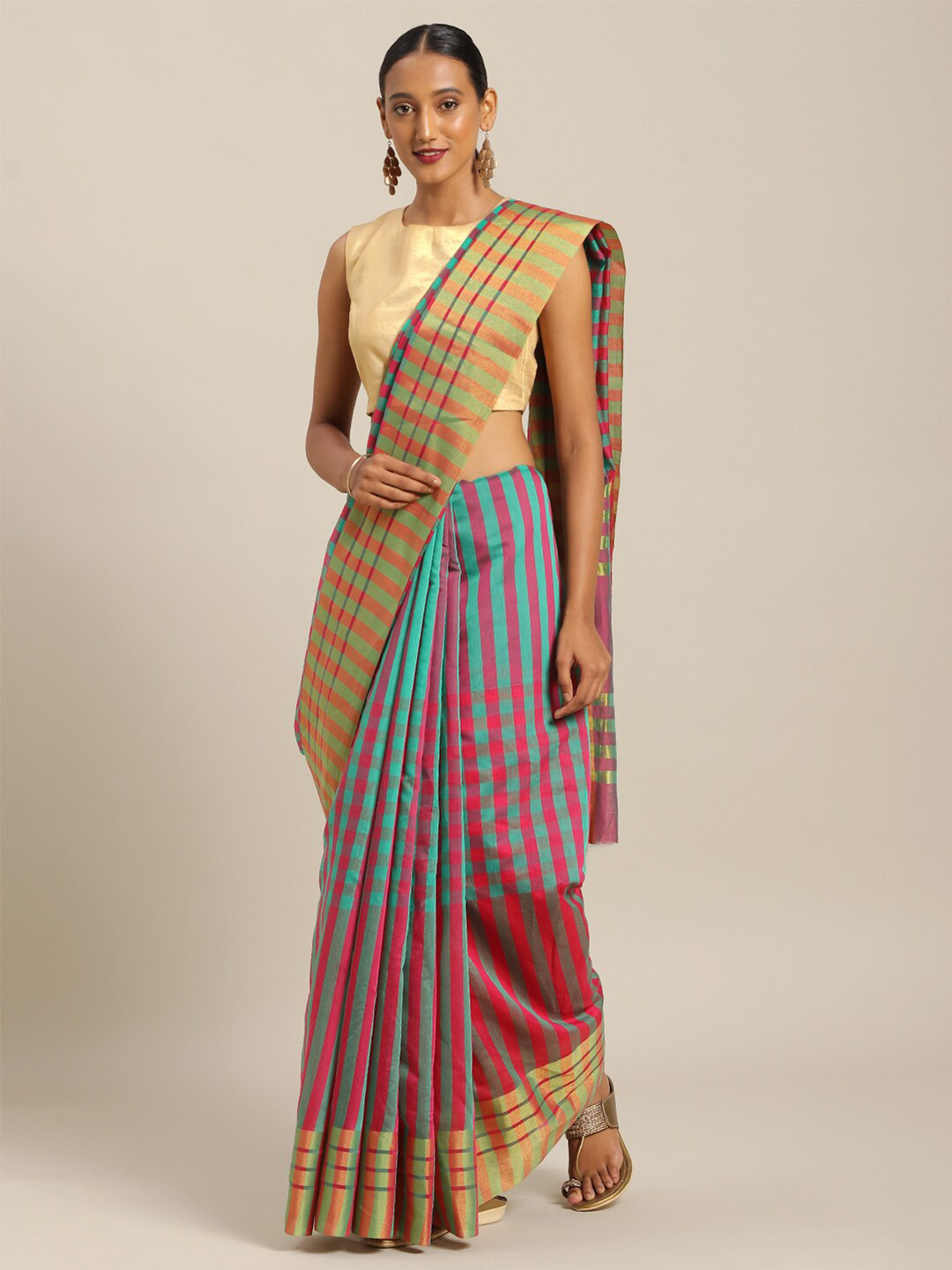 Florence Sea Green & Burgundy Checked Art Silk Saree