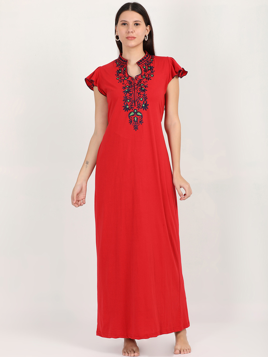 9shines Label Red Embroidered Maxi Nightdress
