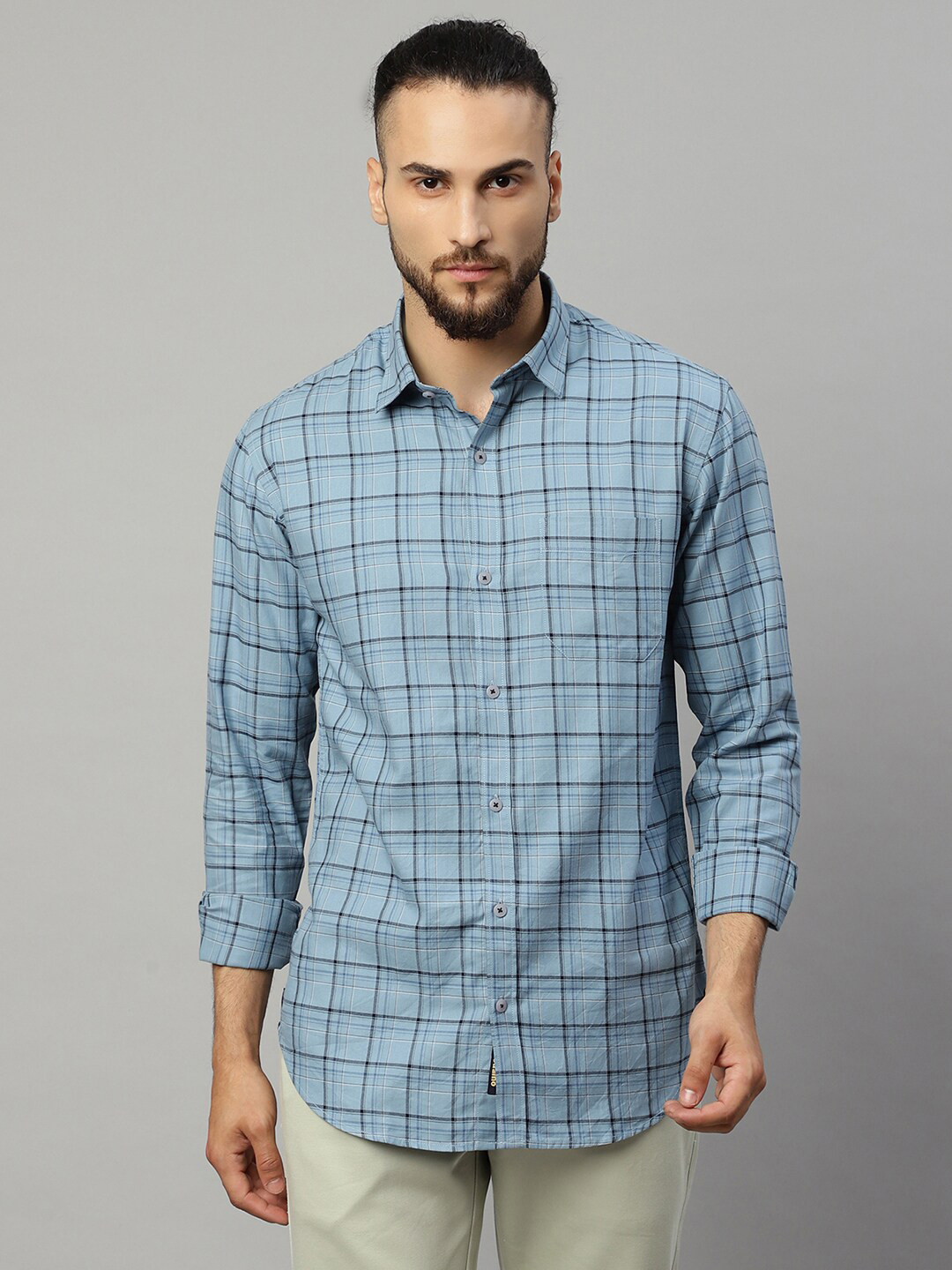 Rodamo Men Blue Tartan Checked Slim Fit Casual Shirt