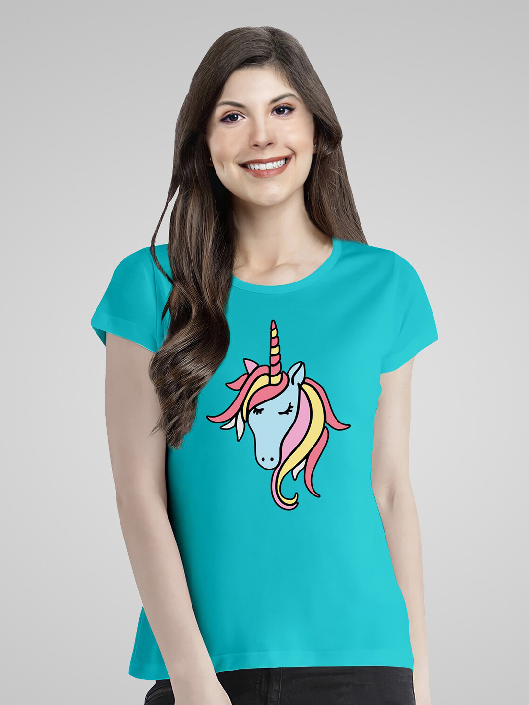 Pootlu Women Turquoise Blue & Yellow Printed T-shirt