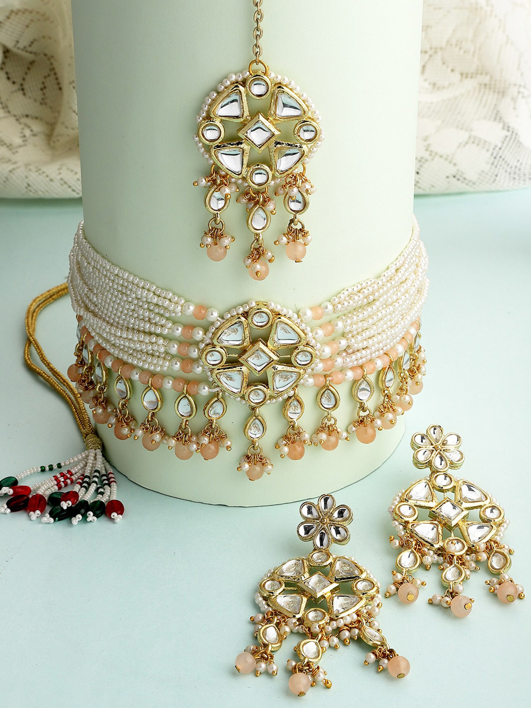 KARATCART Women Gold Plated Peach Beads Studded Kundan Choker Necklace Set