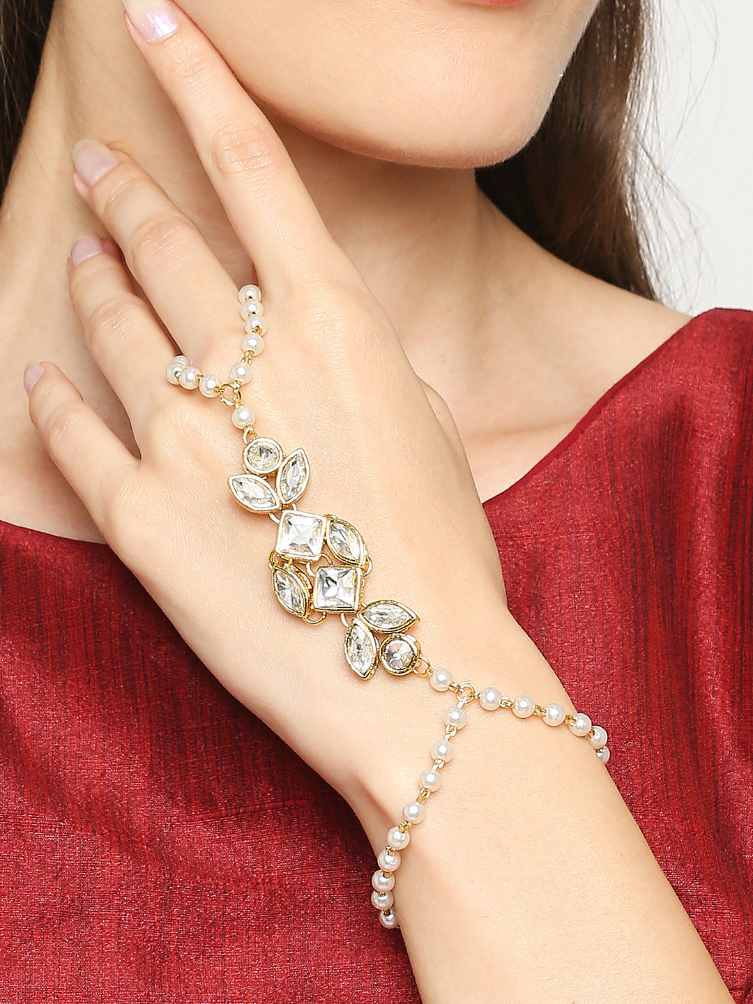 OOMPH Women Gold-Toned & White Hathphool Bracelet