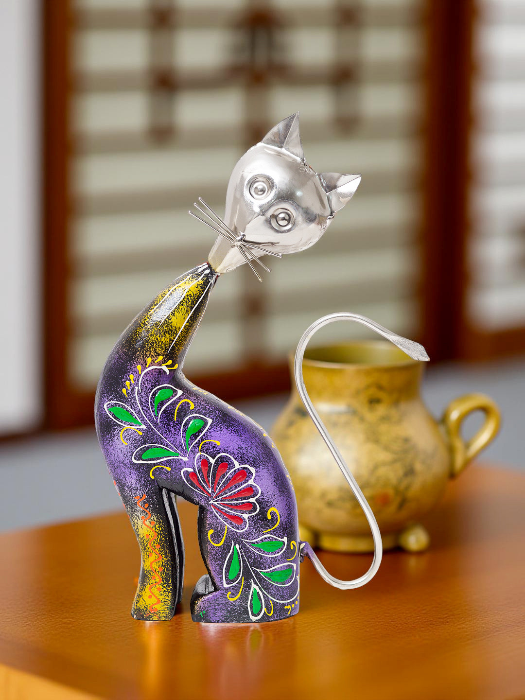 Golden Peacock Cat Purple Wood Metallic Living Room Hand-Crafted Medium Showpiece - 12.2 Inches