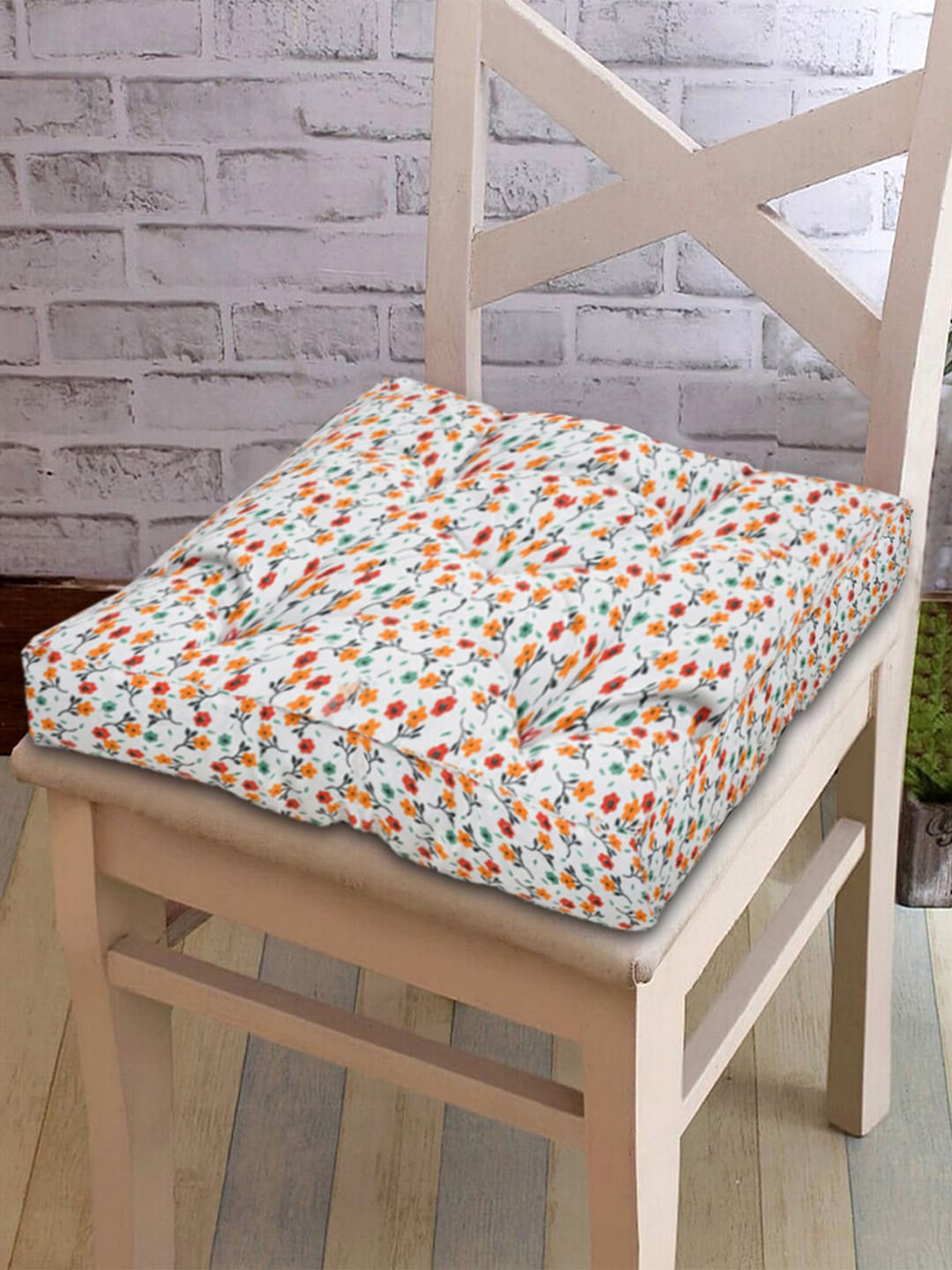 Kuber Industries Set of 4 White & Orange Floral Print Microfiber Square Chair Pads