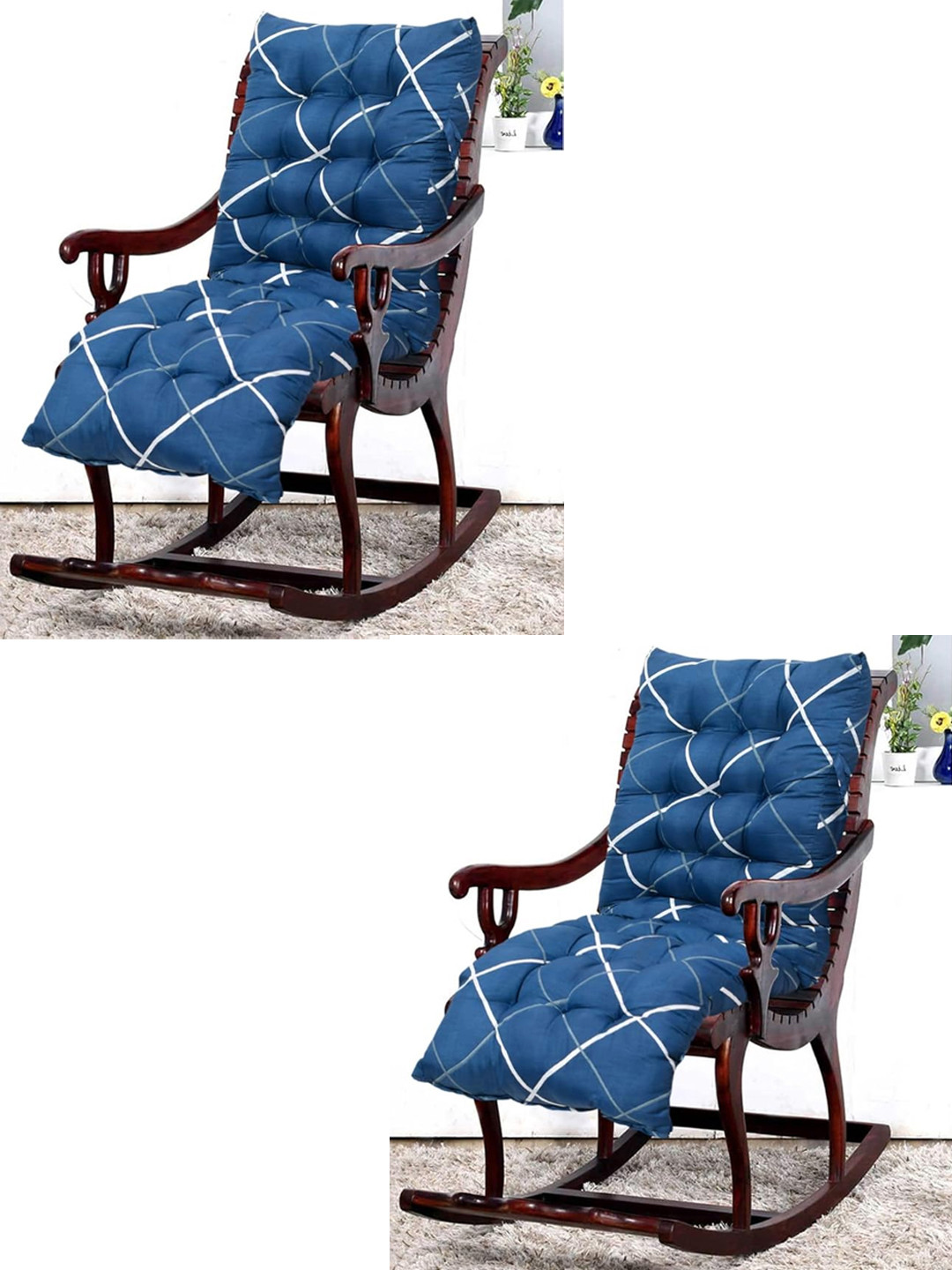 Kuber Industries Set Of 2 Blue Geometric Printed Microfiber Back & Seat Cushion With Ties