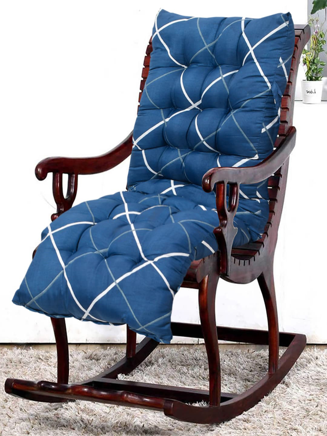 Kuber Industries Blue Geometric Printed Back & Seat Chair Cushion
