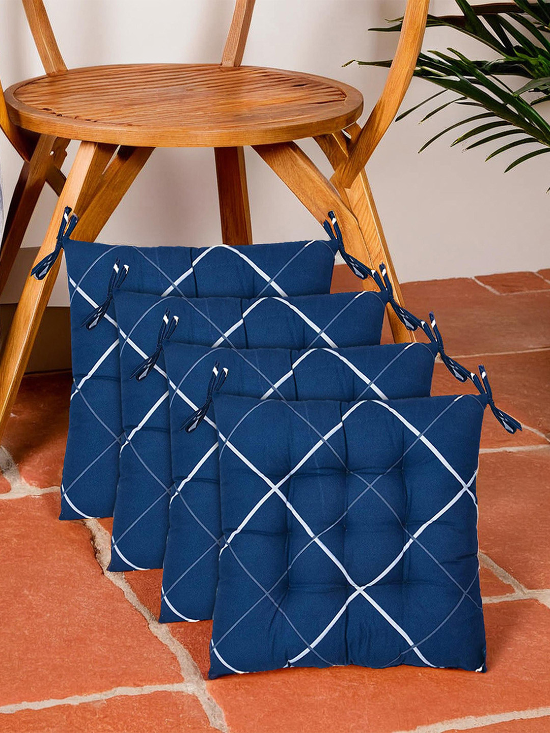 Kuber Industries Pack of 4 Blue Geometric Printed Microfiber Square Chair Pads