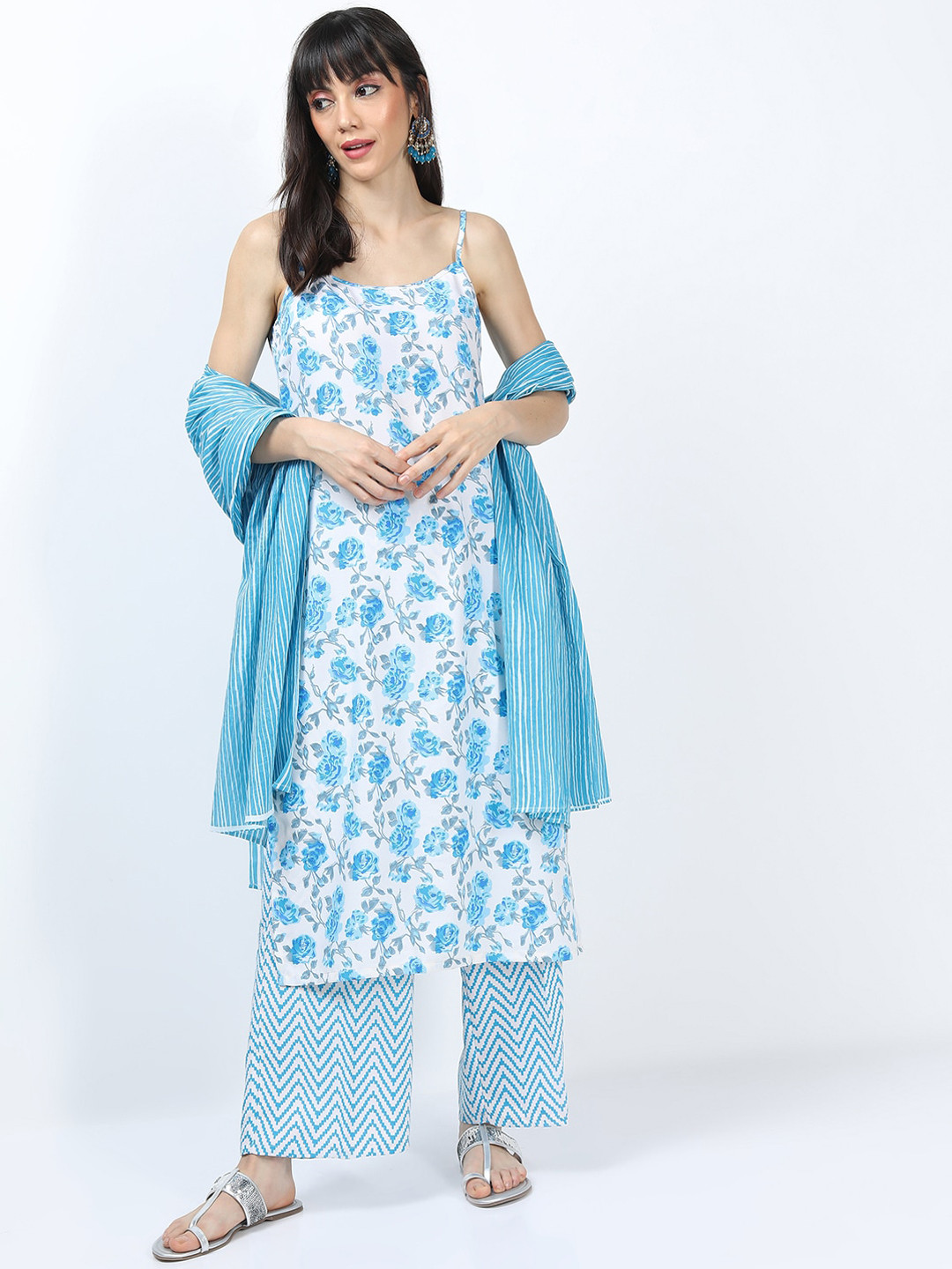 Vishudh Women Off White Floral Printed Kurti with Palazzos & With Dupatta
